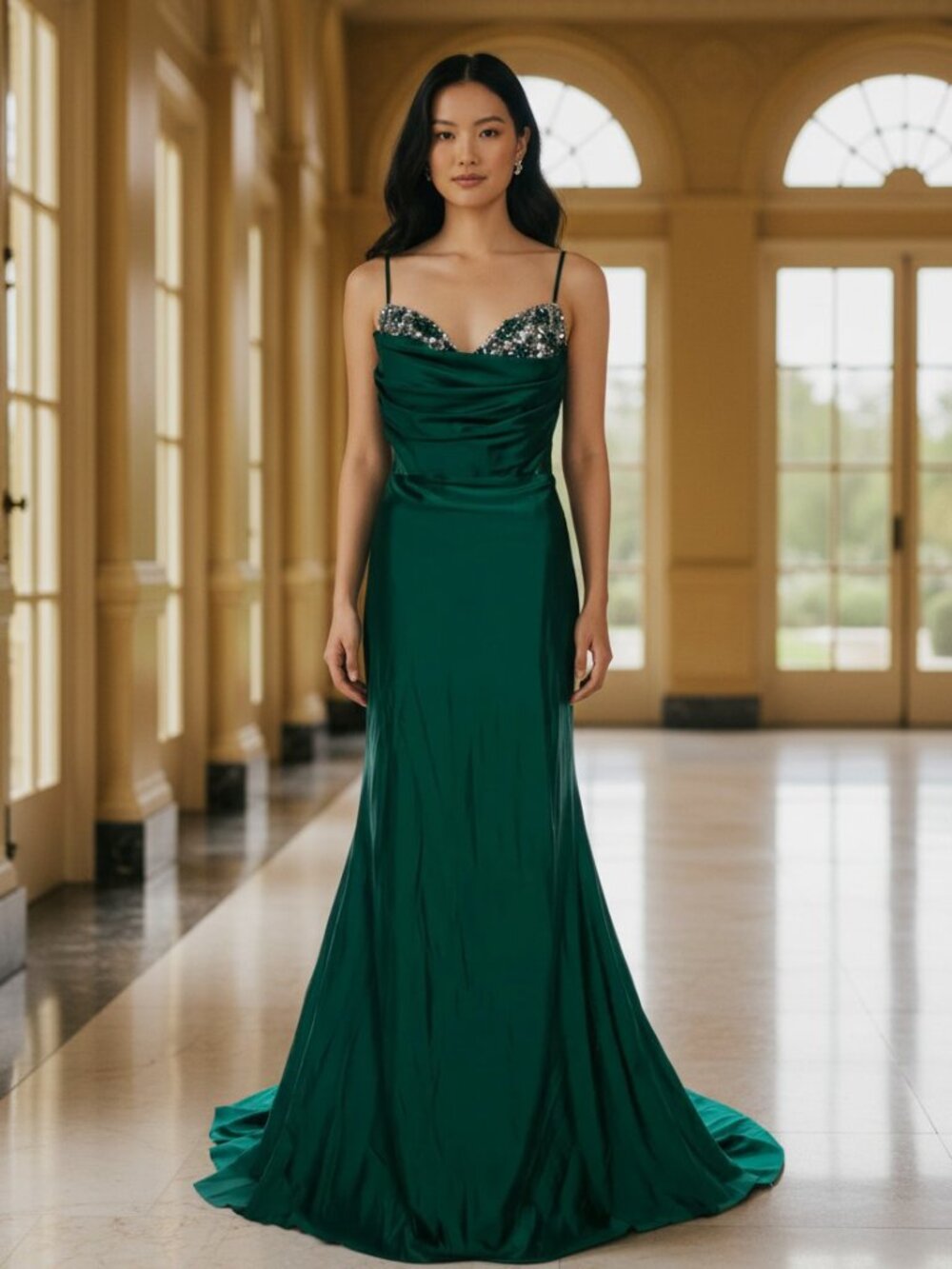 Portia and Scarlett Emerald Green Satin Prom Dress with Sequin Bust